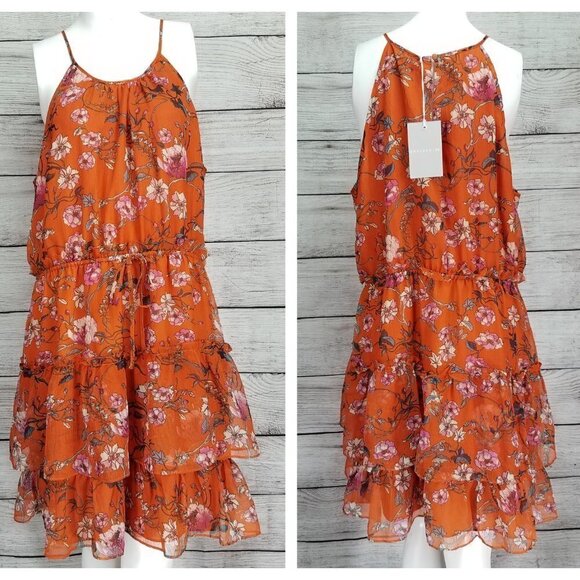 NEW Chelsea 28 XL Tiered Chiffon Fit & Flare Dress in Orange Floral - Picture 2 of 15